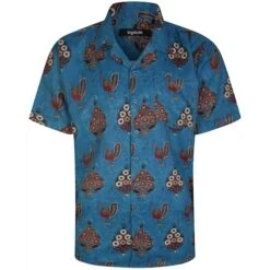 Bigdude Relaxed Collar Peacock Print Short Sleeve Shirt Denim Tall