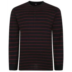 Bigdude Striped Long Sleeve Grandad T-Shirt Black/Burgundy