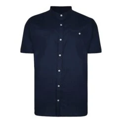 Bigdude Woven Linen Grandad Collar Short Sleeve Shirt Navy