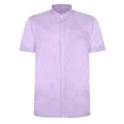 Bigdude Woven Linen Grandad Collar Short Sleeve Shirt Purple